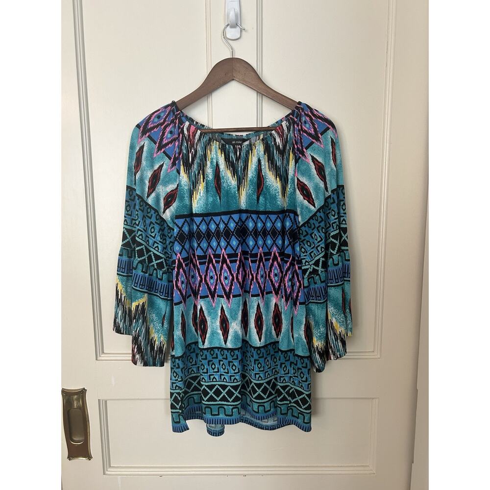 Ali Miles Geometric Art Stretch Blouse Womens Size Medium Multicolor Boho